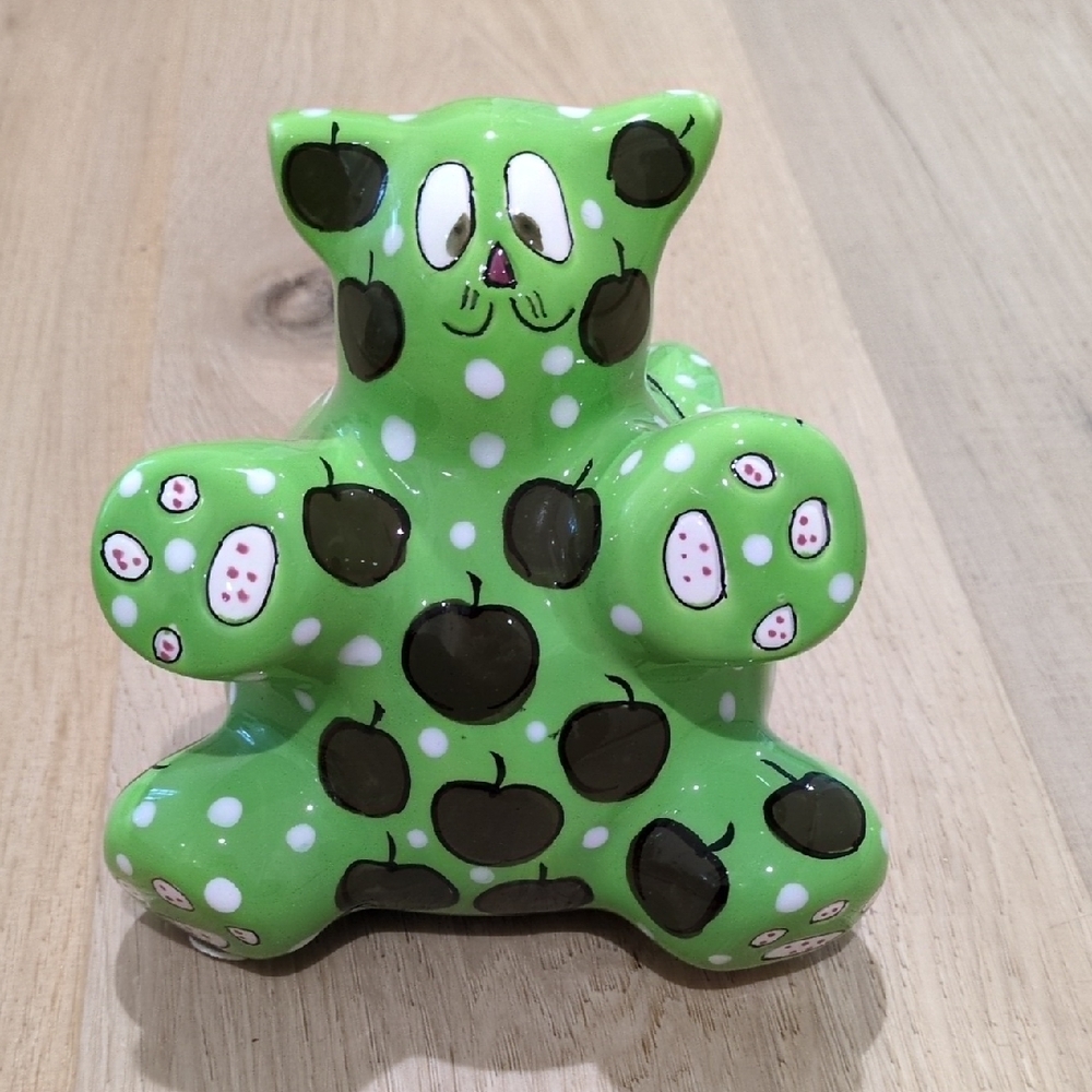 Green and White Cat Piggy Bank Animal with Cartoonish Eyes